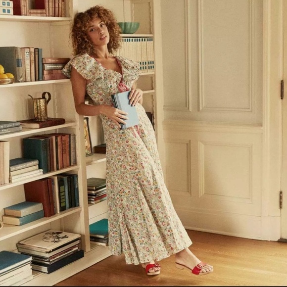 Doen Audette Cotton Ruffle Bow Ribbon Floral V Neck Maxi Dress Sunrise Blooms - Picture 7 of 16